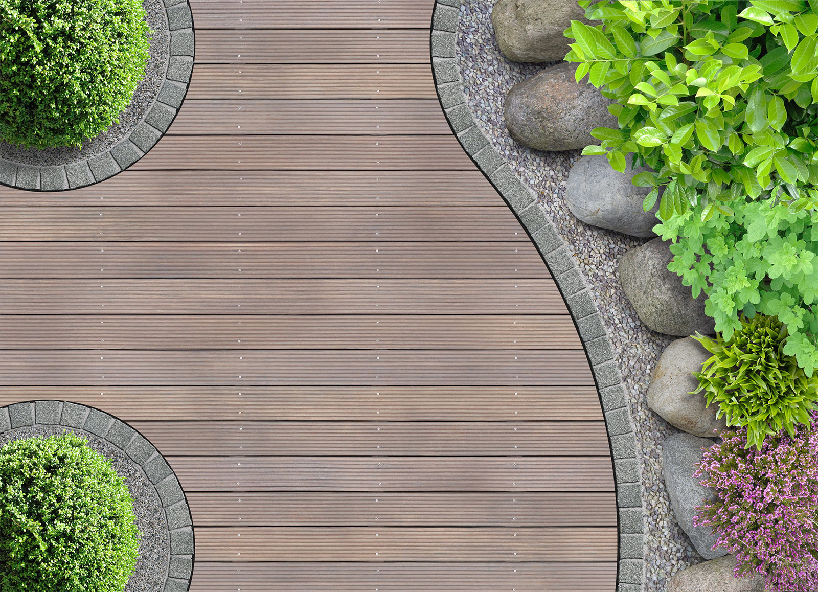 aesthetic garden design detail with rocks in aerial view